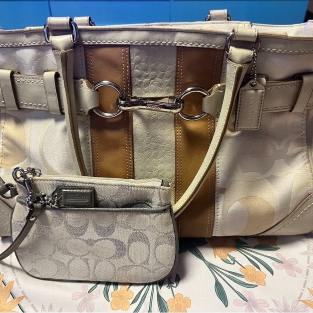 Coach Cream and Tan Signature Hampton Shoulder Satchel Bag Set